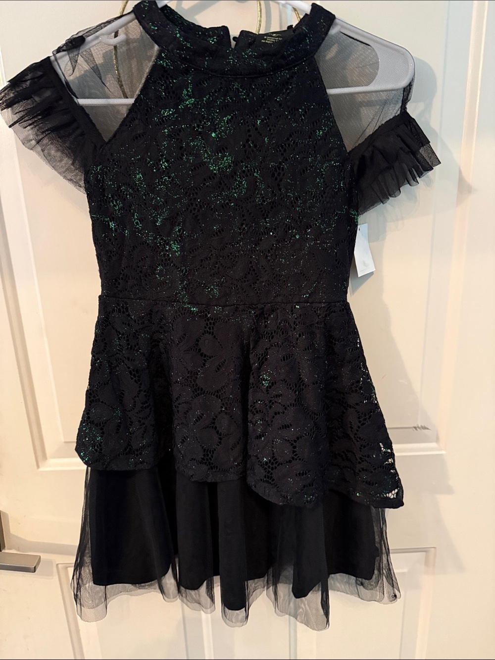 Girls' Black Lace Peplum Dress with Green Sparkle